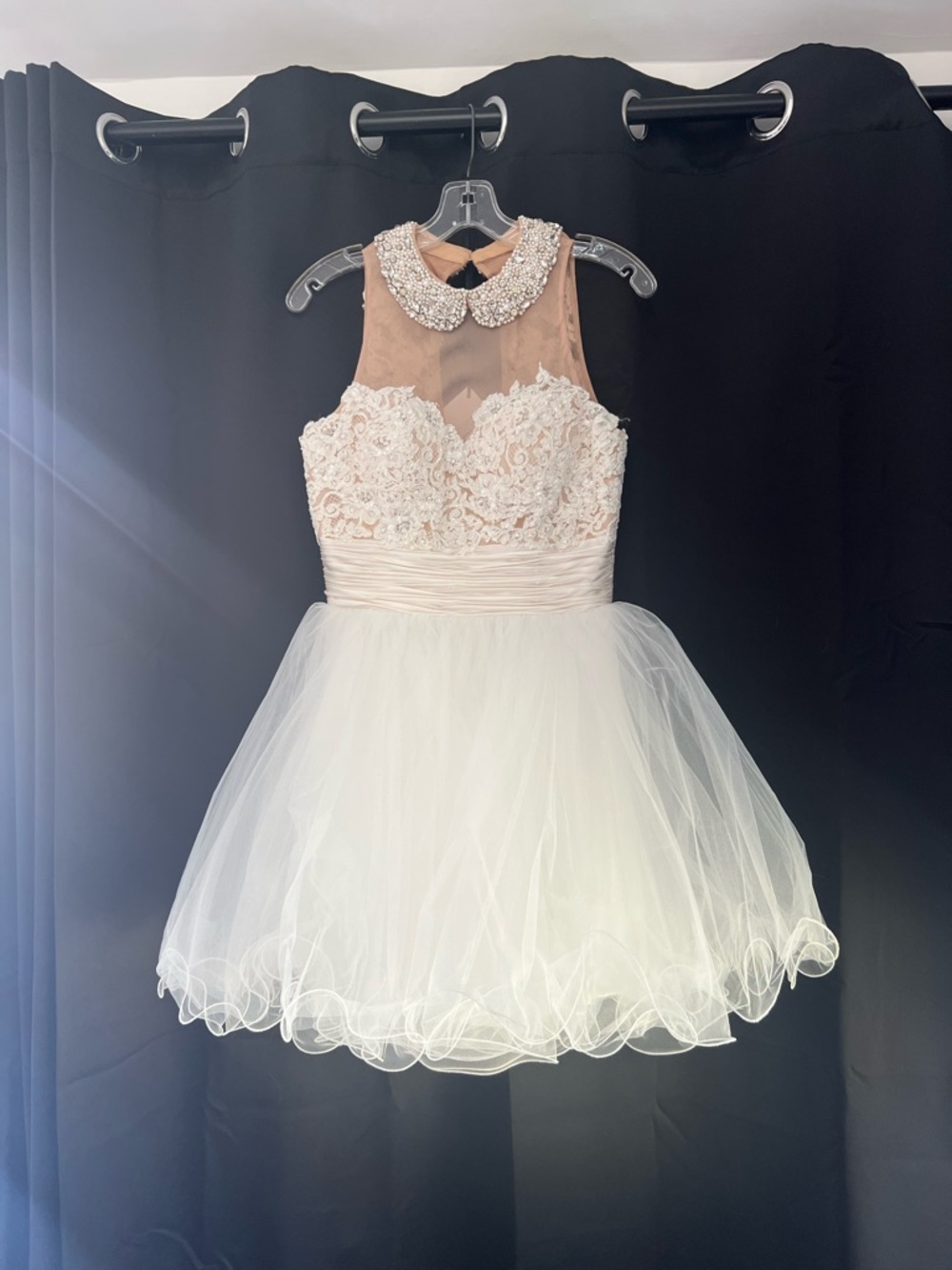 SHERRI HILL; Ivory Lace & Tulle Party Dress with Embellished Collar